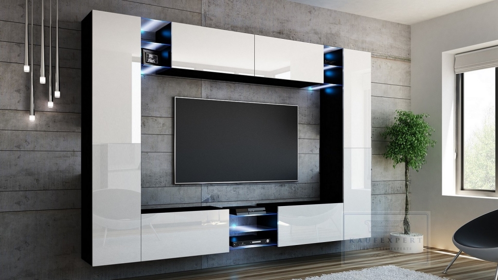 Wohnwand Kino Weiß Hochglanz/ Schwarz Mediawand Medienwand Design Modern Led Beleuchtung MDF Hochglanz Hängewand Hängeschrank TV Wand