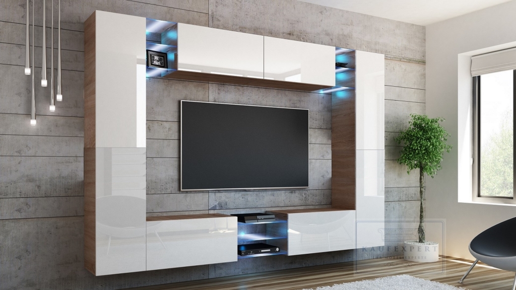 Wohnwand Kino Weiß Hochglanz/ Sonoma Eiche Mediawand Medienwand Design Modern Led Beleuchtung MDF Hochglanz Hängewand Hängeschrank TV Wand