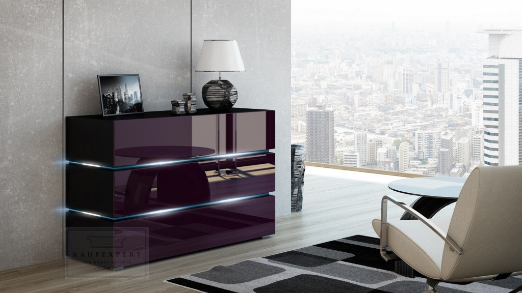 Kommode Shine Sideboard 120 cm Aubergine Hochglanz/Schwarz LED Beleuchtung Modern Design TV Möbel Anrichte Sigma