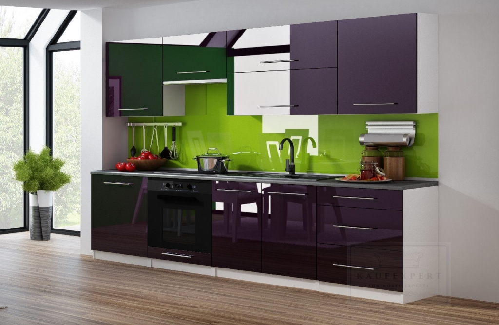 Küchenzeile Linda Aubergine Hochglanz/Weiß 260 cm Küche Küchenblock  MDF Arbeitsplatte Relinggriffe Modern Einbauküche