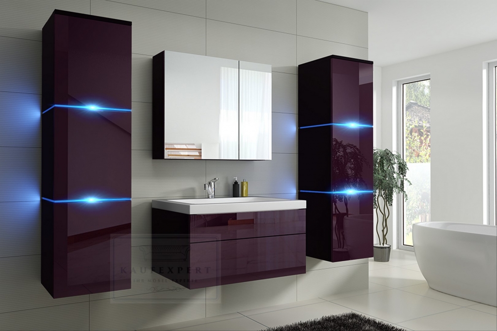 Badmöbel-Set Lux NEW Aubergine Hochglanz/Schwarz KERAMIK Waschbecken Badezimmer Led Beleuchtung Badezimmermöbel Keramikbecken