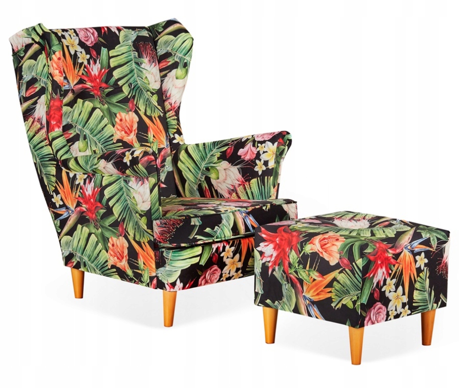 Ohrensessel M 133 mit Hocker Wohnzimmersessel  Blumenmuster Tropenblumen