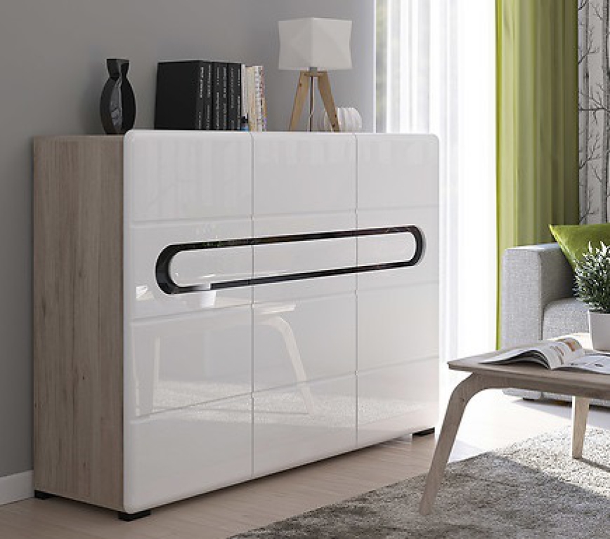 Kommode BYRON 150 cm mit schönen abgerundeten Kanten, Soft Close, Weiß Hochglanz/San Remo Eiche Matt, Gehärtetes Glas, Modernes Design Anrichte Sideboard