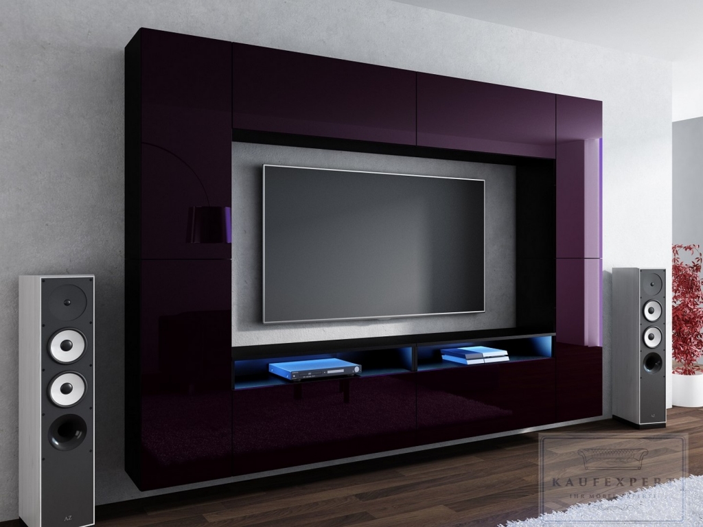 Wohnwand Cinema Aubergine Hochglanz/Schwarz Mediawand Medienwand Design Modern Led Beleuchtung MDF Hochglanz Hängewand Hängeschrank TV Wand