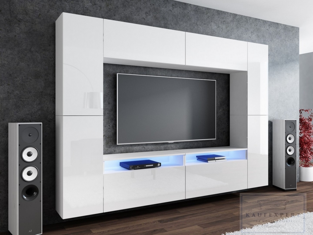 SOFORT Wohnwand Cinema Weiß Hochglanz/Weiß Mediawand Medienwand Design Modern Led Beleuchtung MDF Hochglanz Hängewand Hängeschrank TV Wand