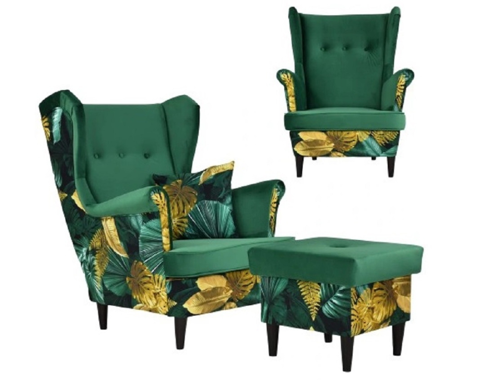 Ohrensessel POLY 7 / ROYAL 33  inkl. Hocker mit Stauraum und Zierkissen Wohnzimmersessel  Blumenmuster Romantisch Dunkelgrün Flaschengrün
