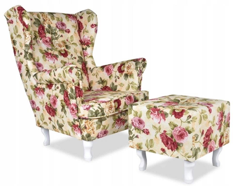 Ohrensessel Rose 01 mit Hocker Wohnzimmersessel  Blumenmuster Rosa geblümt Romantisch