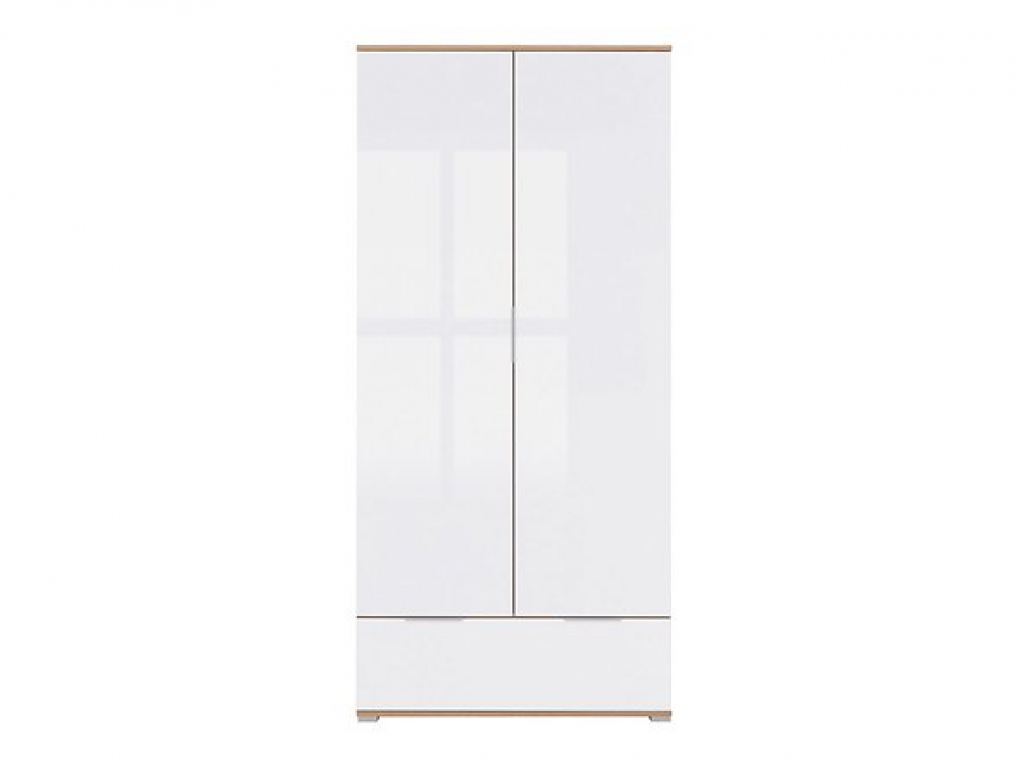 Kleiderschrank Zele 90,5cm mit 1 Schublade und 2 Türen Modern Weiß Hochglanz/Wotan Eiche