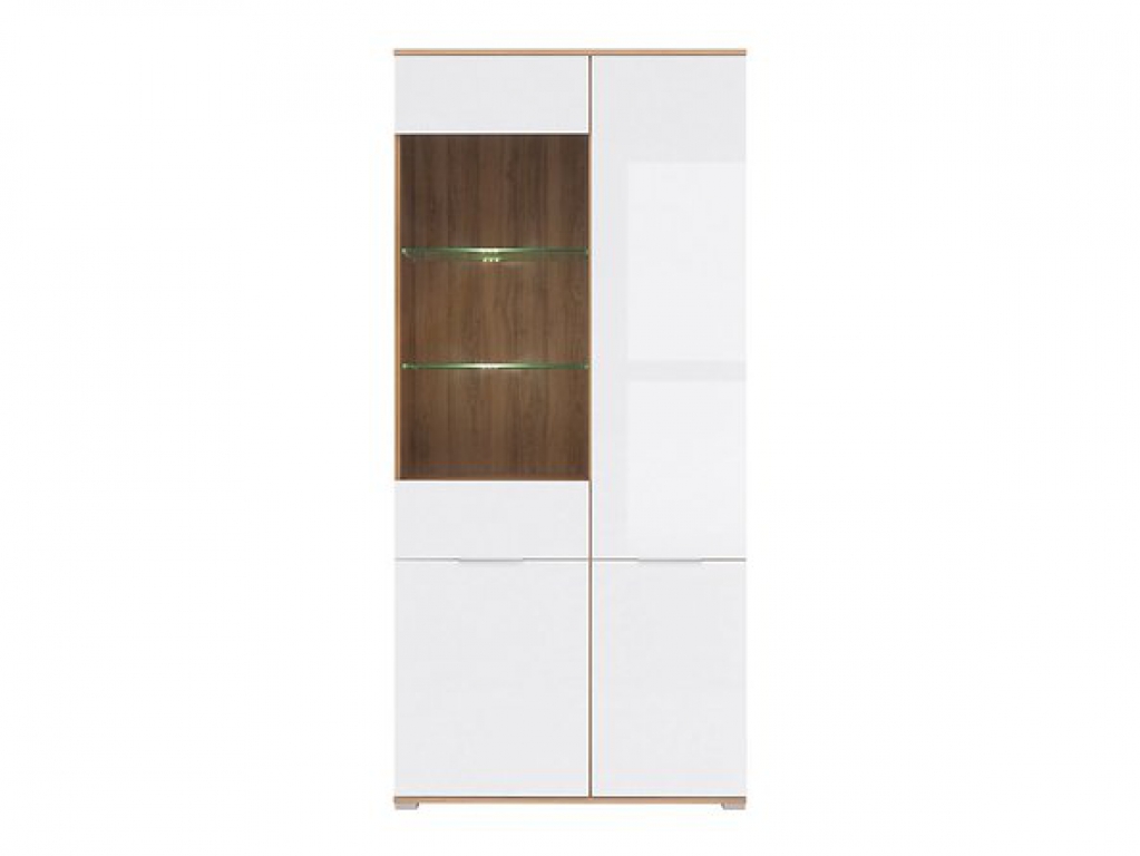 Vitrine Zele 90 cm Weiß Hochglanz/Wotan Eiche Modern Design LED Beleuchtung