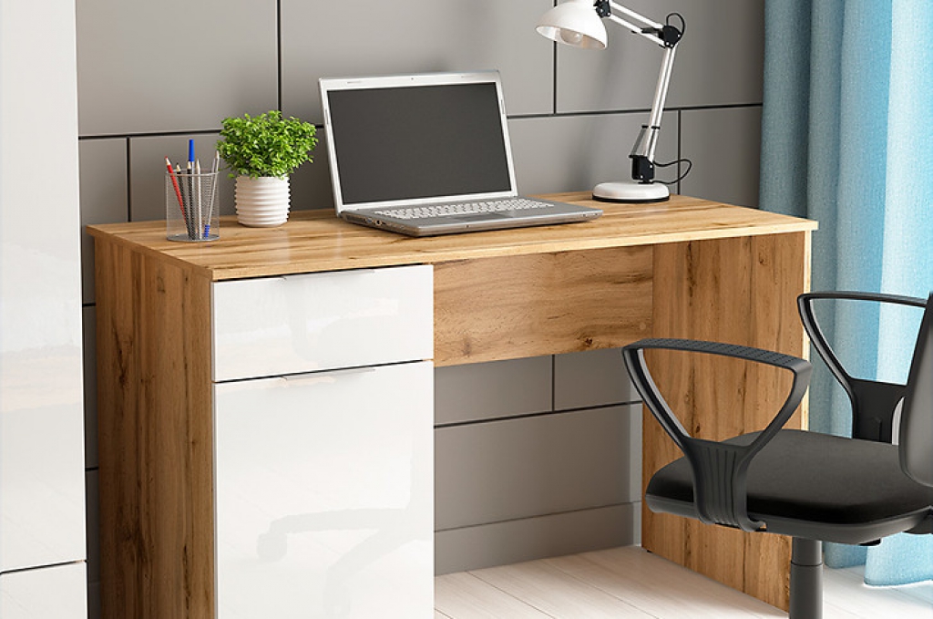 Schreibtisch Zele 120cm Weiß Hochglanz/Wotan Eiche Büromöbel Büroschreibtisch Computertisch